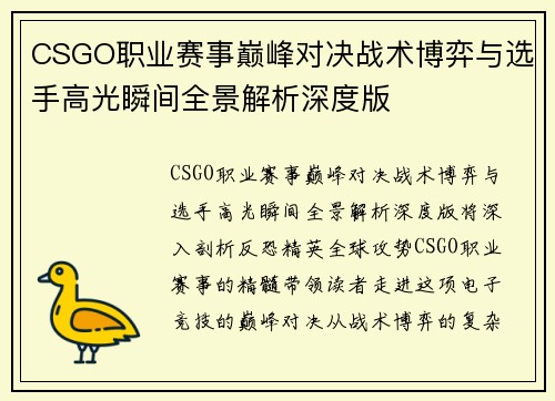 CSGO职业赛事巅峰对决战术博弈与选手高光瞬间全景解析深度版