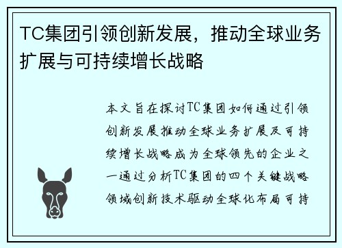 TC集团引领创新发展，推动全球业务扩展与可持续增长战略