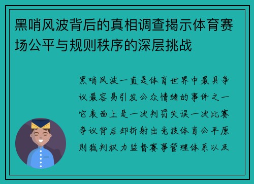 黑哨风波背后的真相调查揭示体育赛场公平与规则秩序的深层挑战
